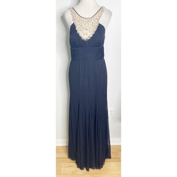 ADRIANNA PAPELL  BEADED HALTER NECK CHIFFON‎ GOWN DRESS  BLUE PROM WEDDING Sz 10 - Picture 1 of 6